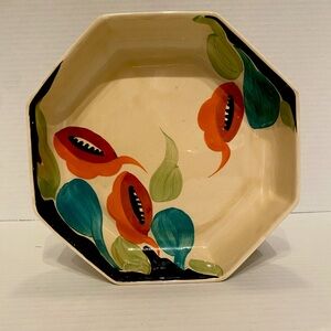 Signed MCM Vintage Ceramic Hand-Painted Floral Octagon Dish Gallery / Plate Wall
